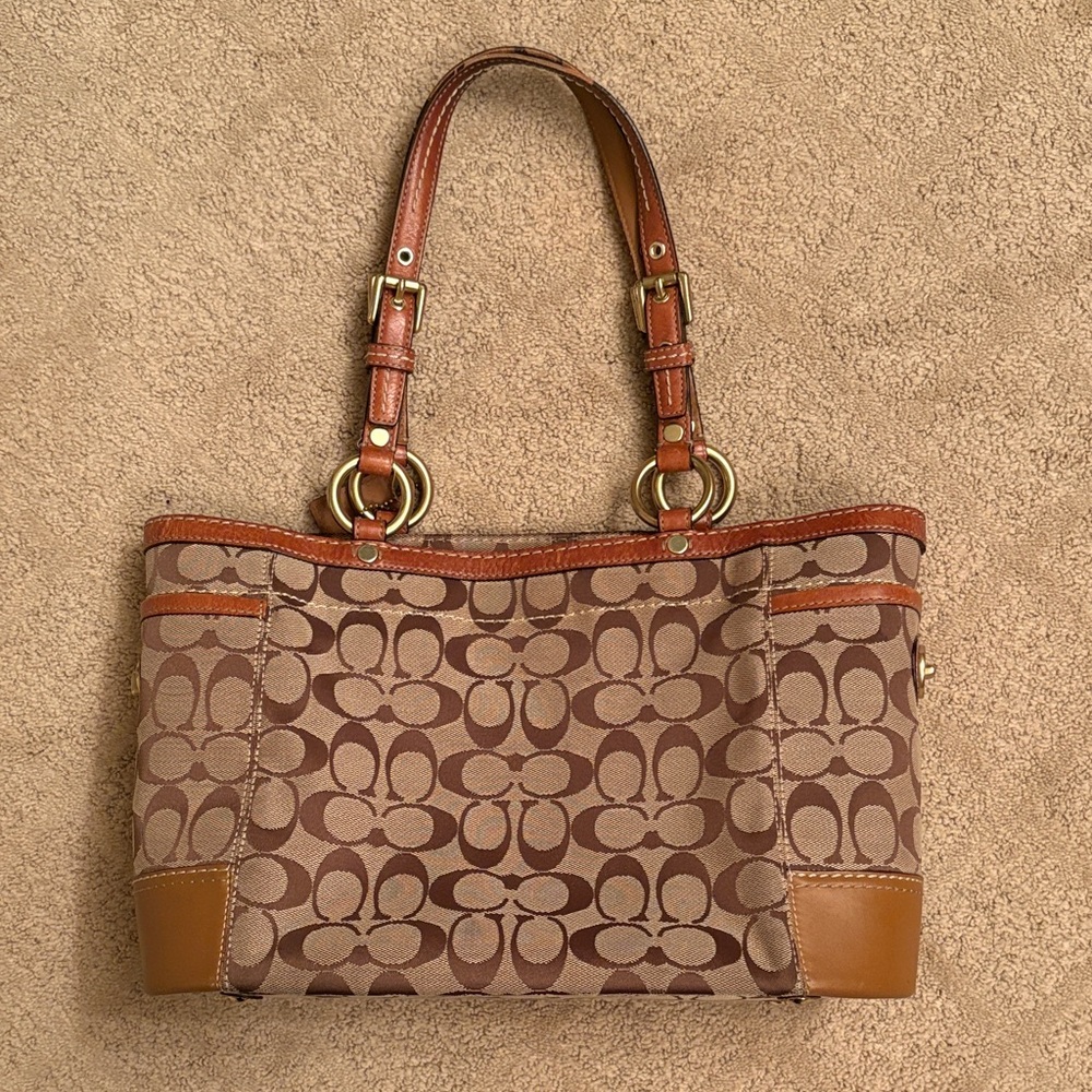 Coach Tan/Brown Signature East West Shoulder Bag.